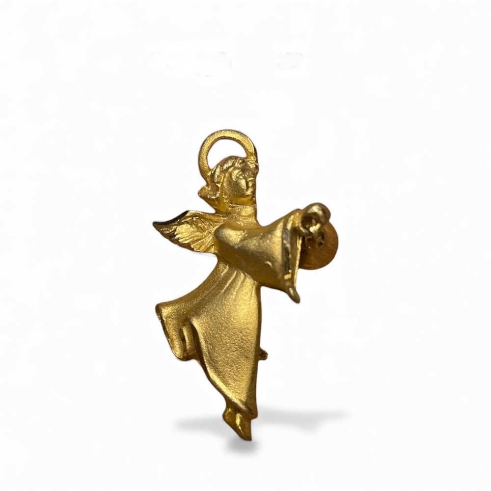 Vintage Angel Pin Brooch Bell Signed USA Rr Robyn Rush‎ Textured Goldtone Church